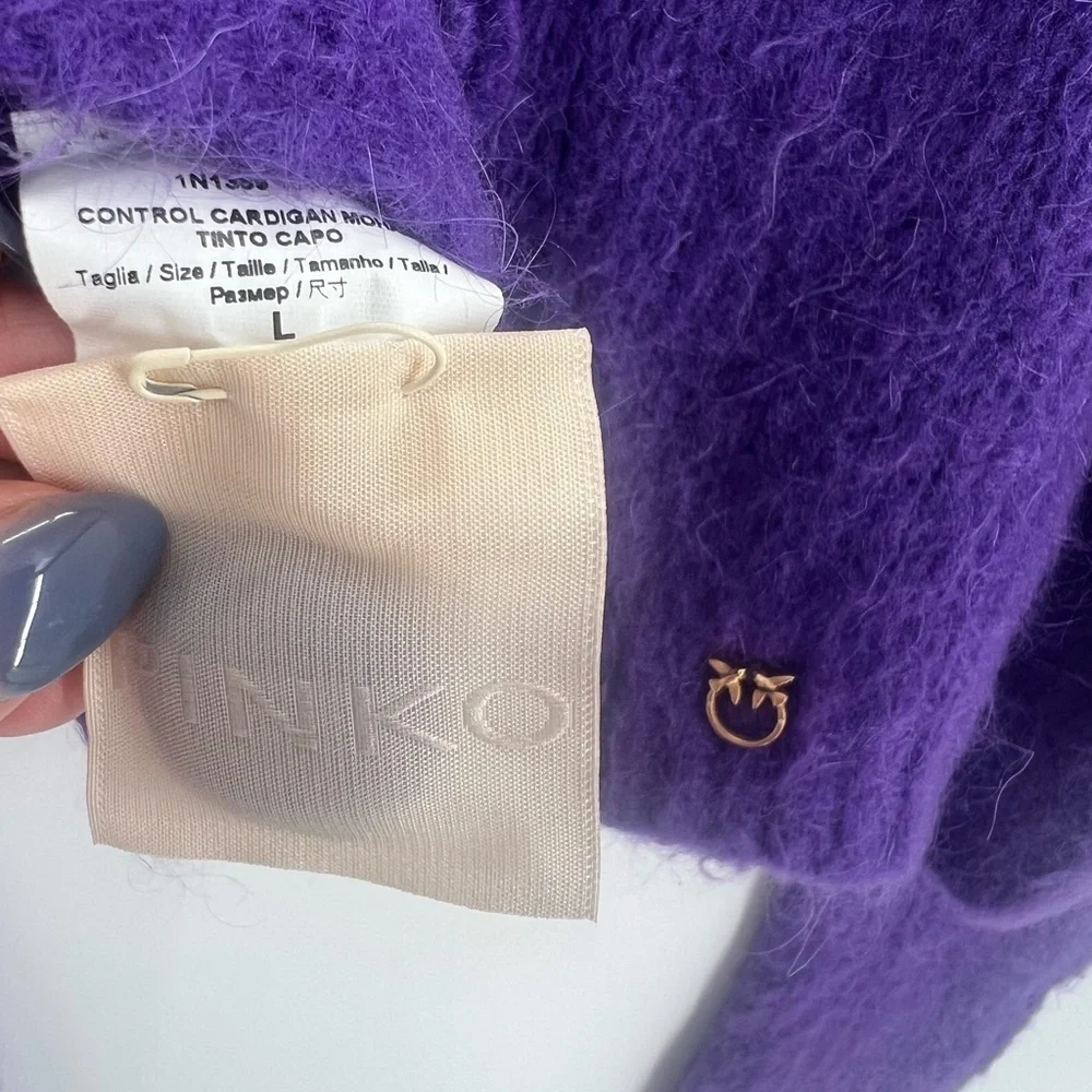 Pinko Mohair Wool Blend Purple Button Up Cropped Logo Plaque Soft Cardigan